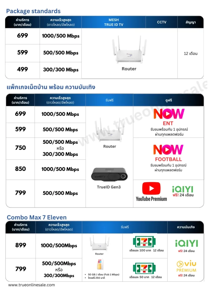 แพ็คเกจเน็ตทรูออนไลน์ มาตรฐาน เริ่มต้น 499 บาท